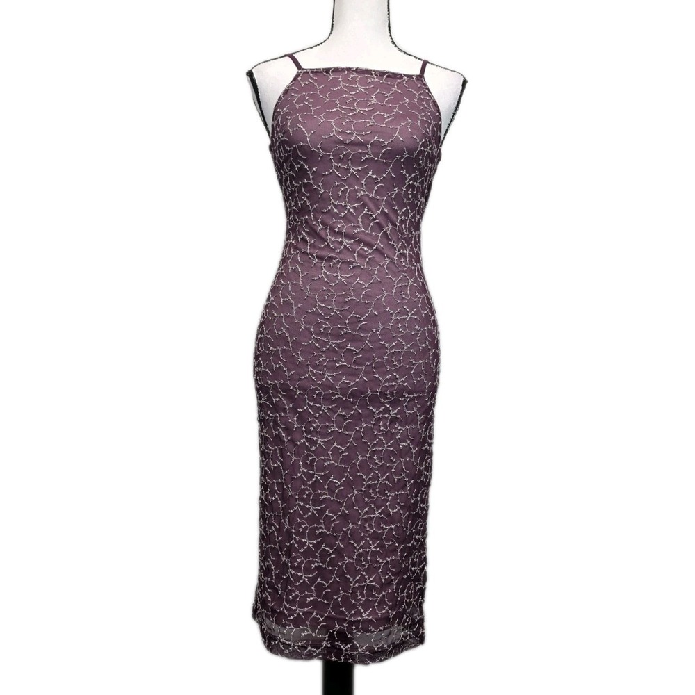 Vtg Y2K Halter Bodycon Midi Dress Sz S Fairy Grunge Goth Purple Embroidered 3186